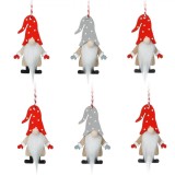 Ornamente Lemn Gnome, Set 6 Buc, Pălărie Roșie cu Buline Gri, 8cm, Oem