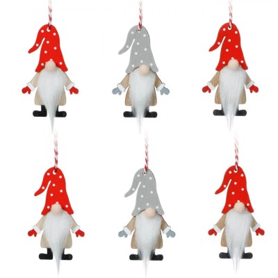 Ornamente Lemn Gnome, Set 6 Buc, Pălărie Roșie cu Buline Gri, 8cm foto