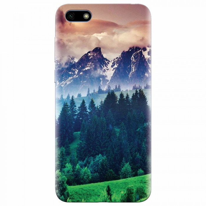 Husa silicon pentru Huawei Y5 Prime 2018, Forest Hills Snowy Mountains And Sunset Clouds