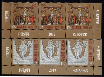 RO 2019 ,LP 2232 ,&amp;quot;Sfintele Pasti 2019&amp;quot;- serie straif de 3 jos+tabs ,MNH foto