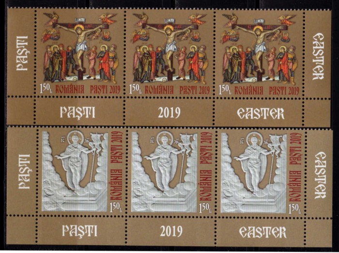 RO 2019 ,LP 2232 ,&quot;Sfintele Pasti 2019&quot;- serie straif de 3 jos+tabs ,MNH