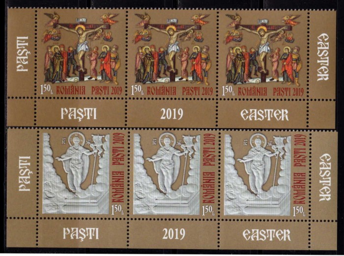 RO 2019 ,LP 2232 ,&quot;Sfintele Pasti 2019&quot;- serie straif de 3 jos+tabs ,MNH