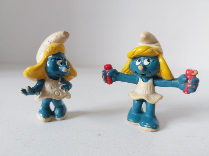 Lot 2 figurine Strumf - Jucarie cauciuc smurf, Peyo,cca 6 cm, cauciuc, vintage, anii 80