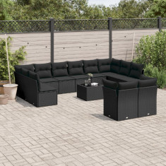 Set mobilier de gradina cu perne, 13 piese, negru, poliratan