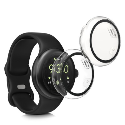 Set 2 Huse Kwmobile cu sticla securizata pentru Google Pixel Watch 2/Pixel Watch, Transparent, Plastic, KWM0000254R001C foto