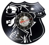 Ceas de perete decorativ realizat din disc de vinil, Model Politist, Masina de Politie si Insigna, Text Police, Negru Premium, 30 cm