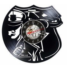 Ceas de perete decorativ realizat din disc de vinil, Model Politist, Masina de Politie si Insigna, Text Police, Negru Premium, 30 cm