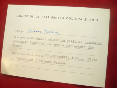 Invitatie -Antet-1968 -Cocteil org. Comitetul Stat pt.Cultura- Serreau-Perinetti foto