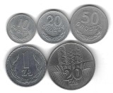POLONIA LOT / SET 5 buc : 10 + 20 + 50 Groszy + 1 Zlot + 20 Zloti 1973