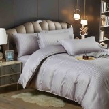 Cumpara ieftin Lenjerie pat dublu cu 6 piese,damasc satinat,cearceaf cu elastic,dungi 1cm,gri deschis-A1392