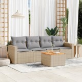 Set canapele grădină vidaXL, 5 piese, poliratan bej, cu perne gri deschis, depozitare, masă acacia