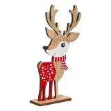 Decorațiune Crăciun, Model Cerb, Lemn, Antlers cu Glitter Bej șampanie, Fular Roșu, 17cm, Oem