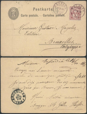 Switzerland 1886 Uprated postcard postal stationery Brussels Belgium D.1065 foto