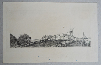 Pieter de With &amp;quot;Peisaj cu pod de lemn si moara de vant&amp;quot; gravura 1733-1797 foto