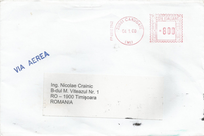 Italia, plic circulat in Romania, francatura mecanica, aerofilatelie, 2000