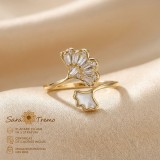 Inel Ginkgo , model deschis cu zirconia, placat cu aur 14K