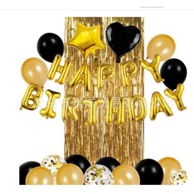 Set 24 de baloane folie si latex, 10 baloane latex simple, 10 bloane latex cu paiete, 4 baloane folie, ribon, 1x2 m perdea, auriu/negru foto