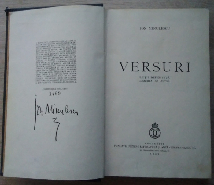 Ion Minulescu / VERSURI - ediție definitivă &icirc;ngrijită de autor, 1939
