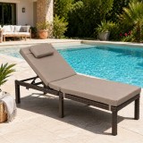 SONGMICS Sezlong gradina cu saltea groasa si tetiera, ratan PE si metal, maxim 150 kg, 195x65x40 cm, maro