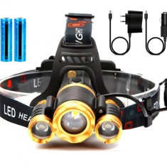 Lanterna de cap cu 3 LED-uri, incarcator masina si de retea, negru