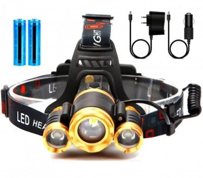 Lanterna de cap cu 3 LED-uri, incarcator masina si de retea, negru foto