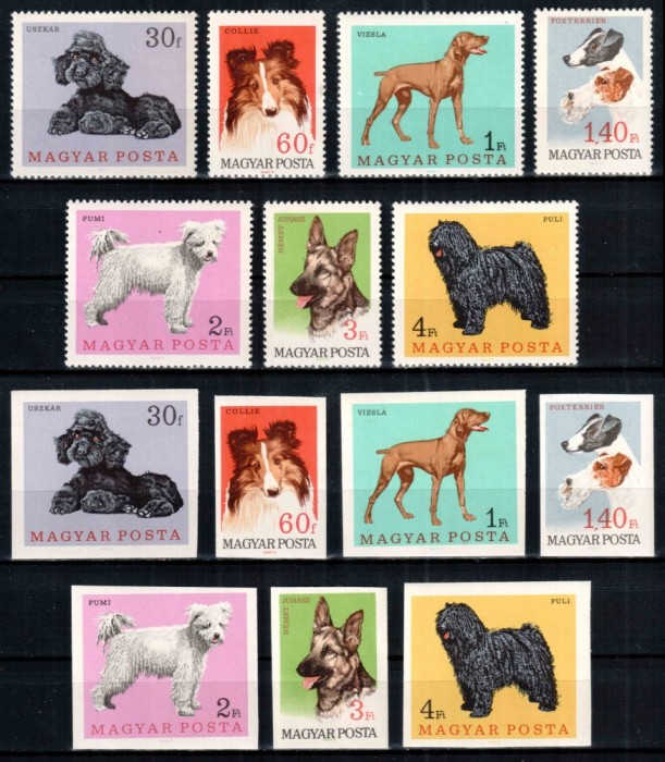 Ungaria 1967, Mi #2337-2343 A+B**, dant + ned, fauna, caine, rase de caini, MNH. Cota 125,50 &euro;!