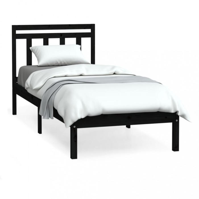 Cadru de pat mic single, negru, 75x190 cm, lemn masiv