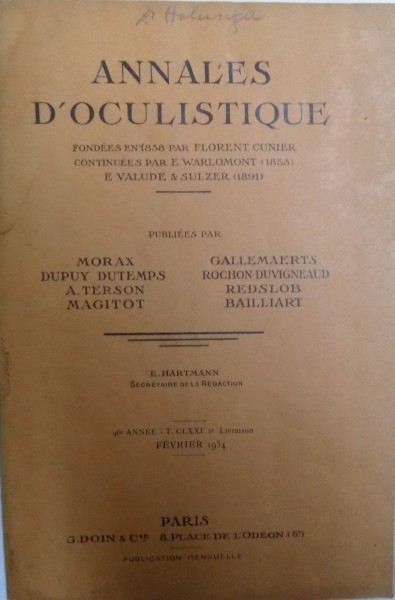 ANNALES D &#039; OCULISTIQUE , par MORAX..BAILLIART , FEVRIER 1934