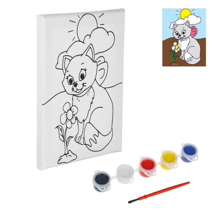 Set Pictură Canvas, Model Pisică, Dimensiune 20x15cm, Multicolor, 5 Vopsele, 1 Pensulă