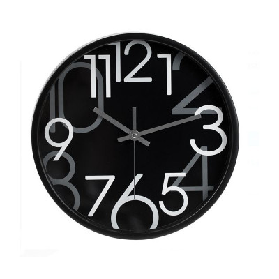 Ceas de perete cu finisaj negru mat metalic si numere mari albe si gri, 30 cm foto