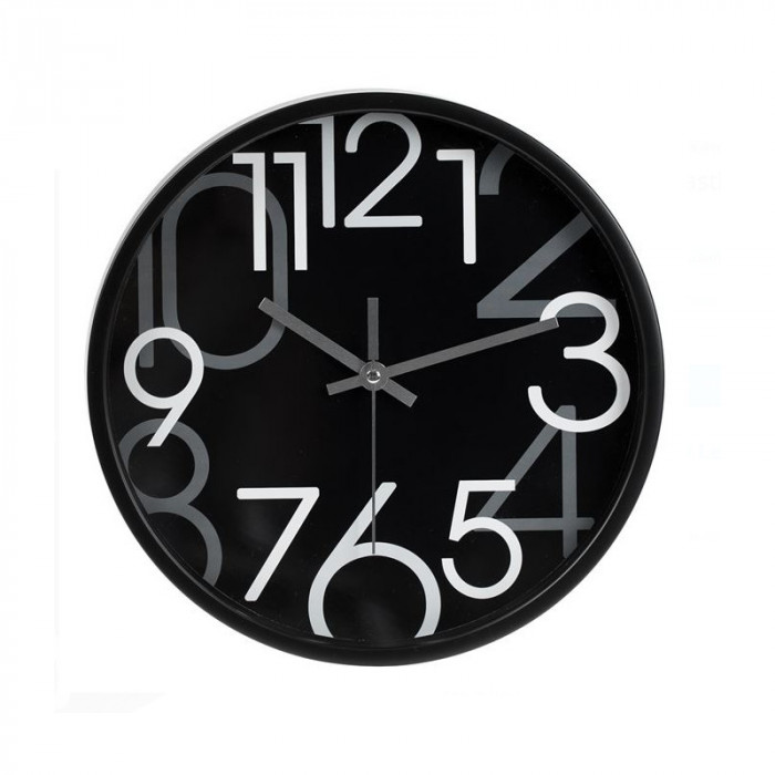 Ceas de perete cu finisaj negru mat metalic si numere mari albe si gri, 30 cm