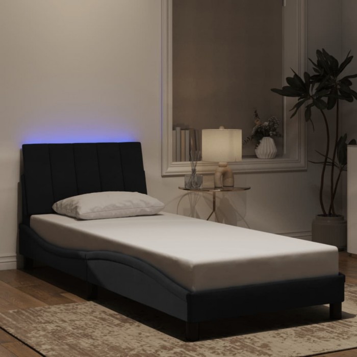 Cadru de pat cu lumini LED, negru, 90x190 cm, catifea