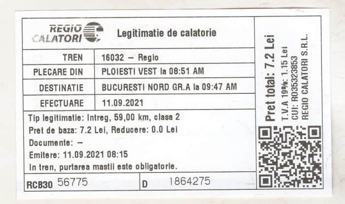 bnk div Regio Calatori SRL - bilet tren 2021