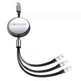 Cablu Incarcare USB-A - Lightning / 2 x USB-C Forever 3in1, 100W, 1.2m, Negru, Apple