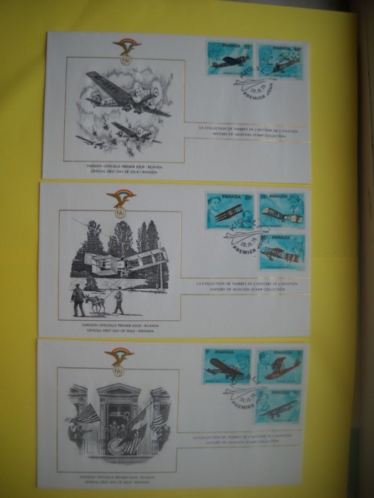 HOPCT PLIC FDC S NR 1009 SET 3 FDC RWANDA AFRICA -ISTORIA AVIATIEI -FAI -FEDERATIA AERONAUTICA INTERNATIONALA 1978-AVION / AVIATIE