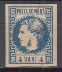 ROMANIA 1868 LP 23 c REGELE CAROL I CU FAVORITI 4 BANI ALBASTRU/HARTIE GALBUIE GUMA ORIGINALA SARNIERA