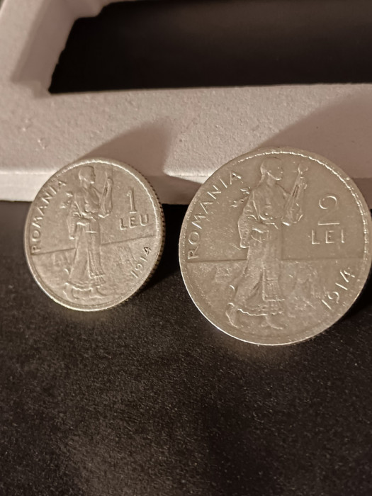 Lot 2 monede 1 leu + 2 lei 1914, argint, stare EF/EF+ [poze]