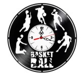 Ceas de perete decorativ, Basketball / Baschet, realizat din disc de vinil (Vinyl Record), 30 cm, mecanism silențios, negru