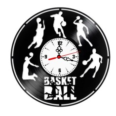 Ceas de perete decorativ, Basketball / Baschet, realizat din disc de vinil (Vinyl Record), 30 cm, mecanism silențios, negru