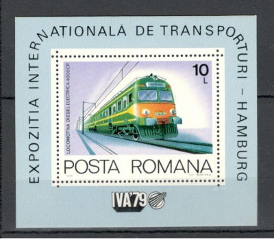 Romania.1979 Expozitia internationala de transporturi:Locomotive-Bl. YR.681 foto