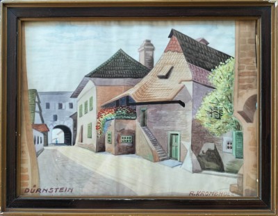 R. Krombholz- Peisaj cu case din D&amp;uuml;rnstein, acuarelă foto