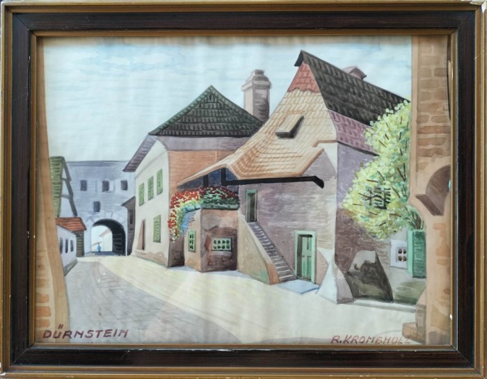 R. Krombholz- Peisaj cu case din D&uuml;rnstein, acuarelă