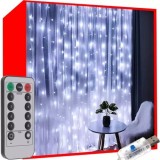 Instalatie LED tip perdea, 300 LED-uri, lumina calda, USB, telecomanda, timer, impermeabila, IP44, 3W, 5V, 2,9m
