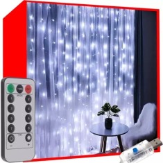 Instalatie LED tip perdea, 300 LED-uri, lumina calda, USB, telecomanda, timer, impermeabila, IP44, 3W, 5V, 2,9m