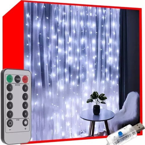 Instalatie LED tip perdea, 300 LED-uri, lumina calda, USB, telecomanda, timer, impermeabila, IP44, 3W, 5V, 2,9m