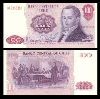 CHILE █ bancnota █ 100 Pesos █ 1983 █ P-152b █ UNC █ necirculata foto