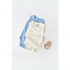 Set 2 body-uri fara maneci bebe unisex -100% bumbac organic - Ecru/Bleu, BabyCosy (Marime: 18-24 Luni)