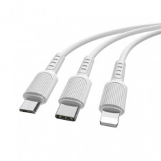 Cablu de date, BOROFONE BX16, 3in1 (8-pin/micro/type-C), 1 m, Alb, Blister