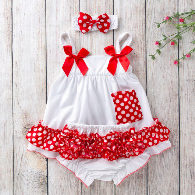 Costumas pentru fetite alb cu volanase rosii (Marime Disponibila: 12-18 luni