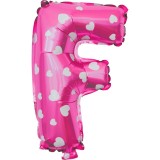 Balon folie metalizata litera f, flippy, 40 cm, cu imprimeu inimioare, umflati cu heliu sau aer, ambalaj individual, pai inclus, roz